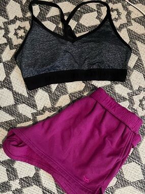 EUC!PINK💗VS SET!Fuchsia Fleece FoldDown Lounge Short&Black Merle Sports Bra!SzL!